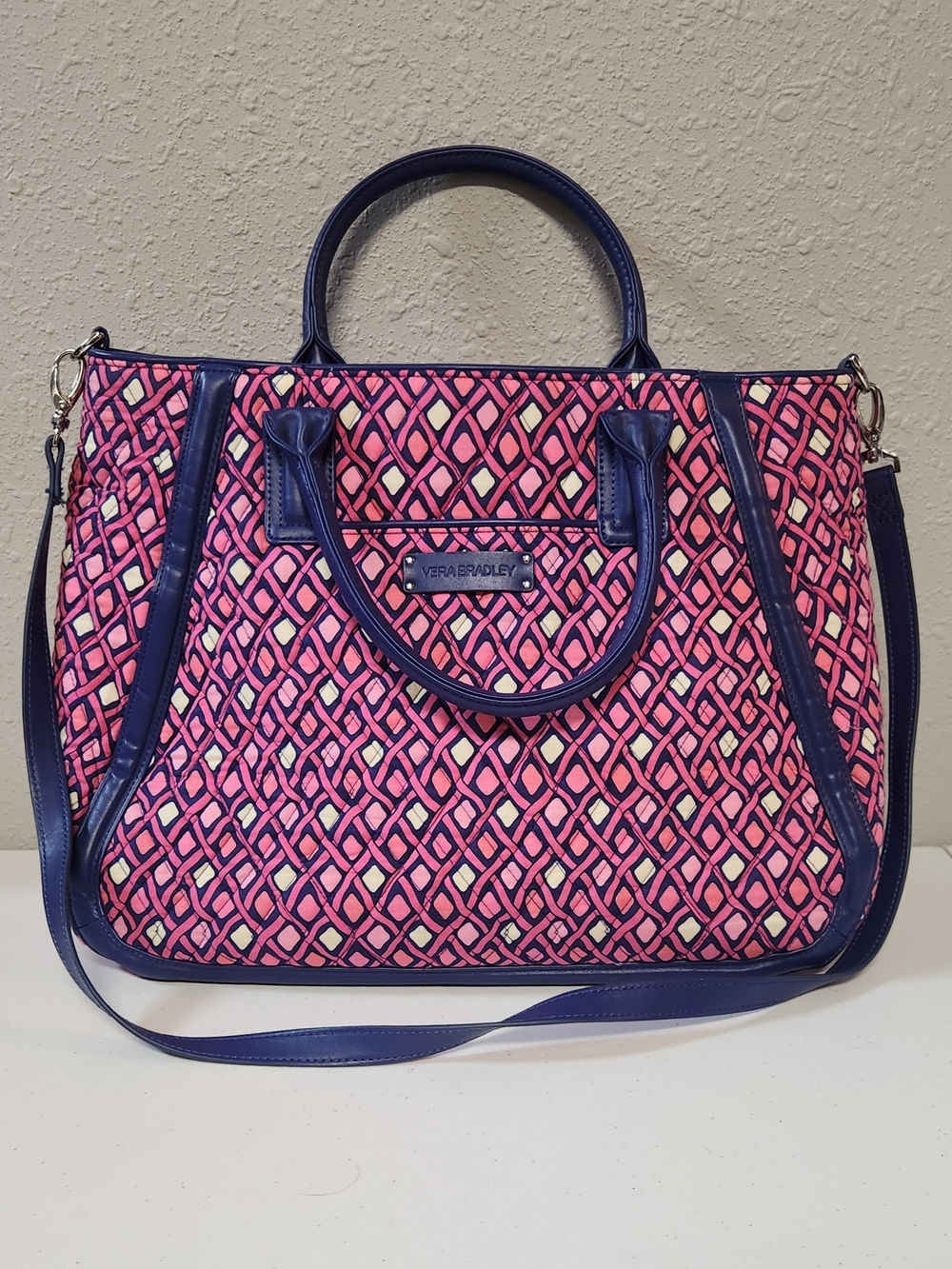 Vera Bradley Pink Patterned Tote Bag with Navy Trim